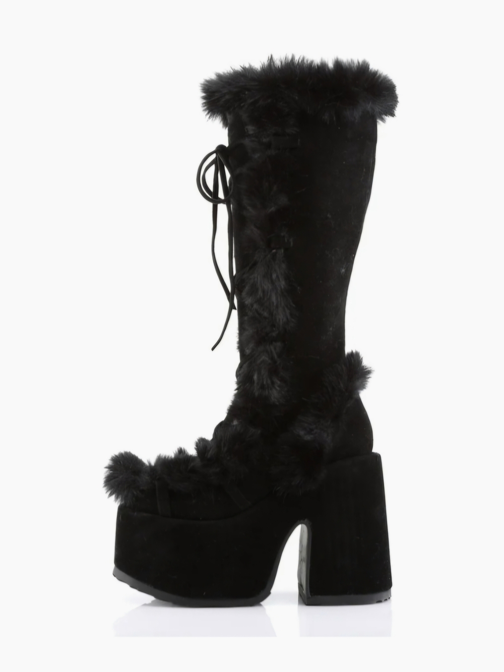 Demonia Black Faux Fur Platform Knee-High Boots
